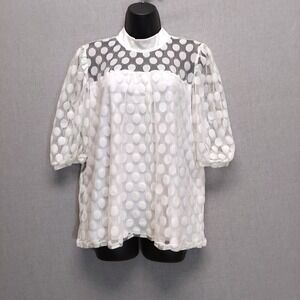 Womens XL White Swiss Dot Puff Sleeve Top Sheer Mesh Romantic Cottagecore Blouse
